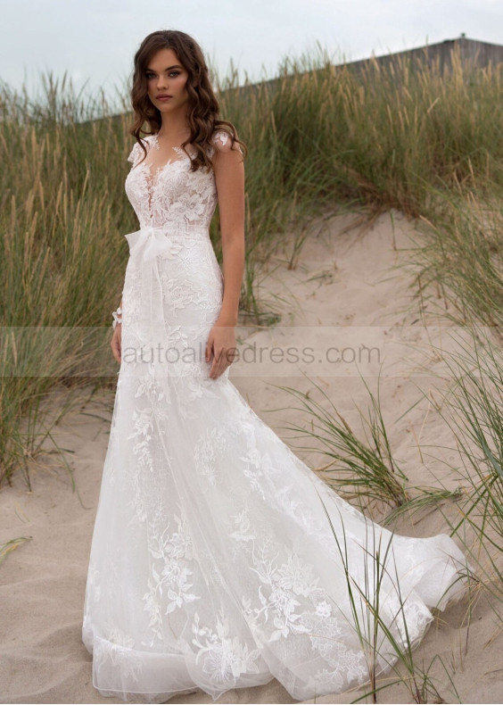 Cap Sleeves Ivory Lace Tulle Pearl Buttons Back Wedding Dress